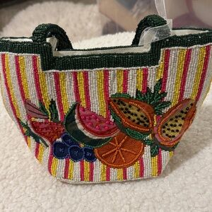 Beaded Multicolor Fruit Stripe Tote with Green Trim